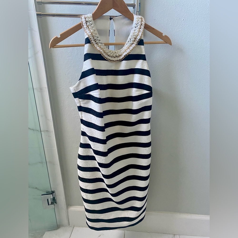 Sandro Ferrone Italy Striped Black and White Dress with Pearl Detail